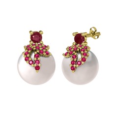 Afra İnci Küpe - Kök yakut, rodolit garnet ve inci 14 ayar altın küpe #exii2o