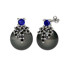 Lab safir, siyah zirkon ve siyah inci 18 ayar beyaz altın küpe