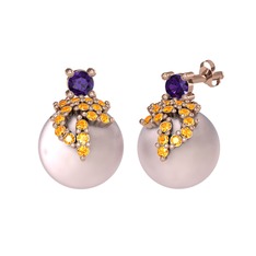 Afra İnci Küpe - Ametist, sitrin ve pembe inci 8 ayar rose altın küpe #f4rzky