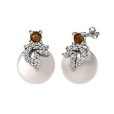 Afra İnci Küpe - Dumanlı kuvars, swarovski ve inci 14 ayar beyaz altın küpe #fenyje