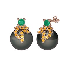 Afra İnci Küpe - Kök zümrüt, sitrin ve siyah inci 8 ayar rose altın küpe #ffzpi4