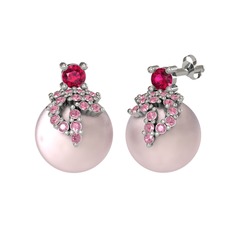 Rodolit garnet, pembe kuvars ve pembe inci 18 ayar beyaz altın küpe