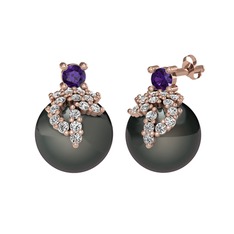 Afra İnci Küpe - Ametist, swarovski ve siyah inci 8 ayar rose altın küpe #fmuqcq