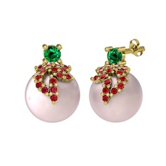 Yeşil kuvars, garnet ve pembe inci 8 ayar altın küpe