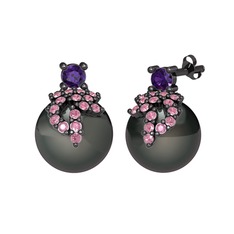 Afra İnci Küpe - Ametist, pembe kuvars ve siyah inci 925 ayar siyah rodyum kaplama gümüş küpe #fs5pro