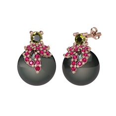 Afra İnci Küpe - Peridot, rodolit garnet ve siyah inci 18 ayar rose altın küpe #fu682a
