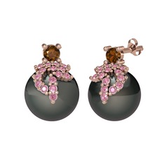 Dumanlı kuvars, pembe kuvars ve siyah inci 925 ayar rose altın kaplama gümüş küpe