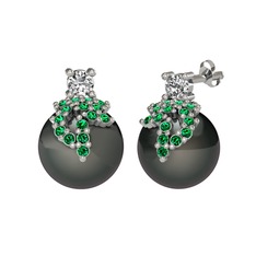 Swarovski, yeşil kuvars ve siyah inci 8 ayar beyaz altın küpe