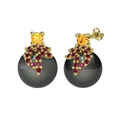 Sitrin, kök yakut ve siyah inci 14 ayar altın küpe