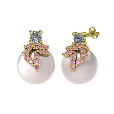 Afra İnci Küpe - Pırlanta, pembe kuvars ve inci 925 ayar altın kaplama gümüş küpe (0.22 karat) #gt9qwi