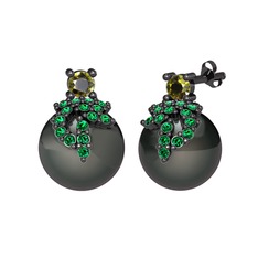 Afra İnci Küpe - Peridot, yeşil kuvars ve siyah inci 925 ayar siyah rodyum kaplama gümüş küpe #gy7t79