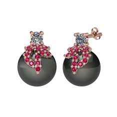 Afra İnci Küpe - Pırlanta, rodolit garnet ve siyah inci 14 ayar rose altın küpe (0.22 karat) #gyfmyb