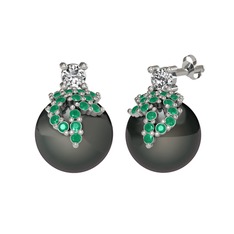 Swarovski, kök zümrüt ve siyah inci 14 ayar beyaz altın küpe