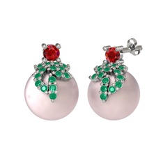 Afra İnci Küpe - Garnet, kök zümrüt ve pembe inci 8 ayar beyaz altın küpe #h3crcu