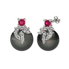 Rodolit garnet, beyaz zirkon ve siyah inci 18 ayar beyaz altın küpe