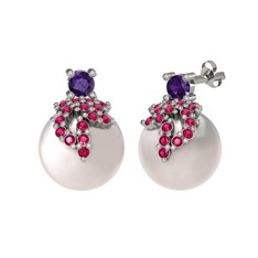 Afra İnci Küpe - Ametist, rodolit garnet ve inci 18 ayar beyaz altın küpe #h7m97w