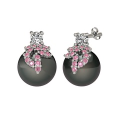 Afra İnci Küpe - Swarovski, pembe kuvars ve siyah inci 8 ayar beyaz altın küpe #haix4w