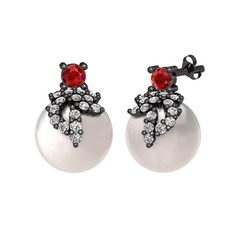 Afra İnci Küpe - Garnet, beyaz zirkon ve inci 925 ayar siyah rodyum kaplama gümüş küpe #hkev28