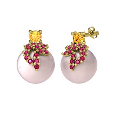 Afra İnci Küpe - Sitrin, rodolit garnet ve pembe inci 8 ayar altın küpe #hnr0py