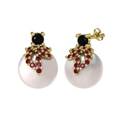 Afra İnci Küpe - Siyah zirkon, kök yakut ve inci 18 ayar altın küpe #hwxs3n