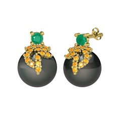 Afra İnci Küpe - Kök zümrüt, sitrin ve siyah inci 14 ayar altın küpe #hy2t6y