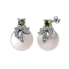 Afra İnci Küpe - Peridot, pırlanta ve inci 8 ayar beyaz altın küpe (0.352 karat) #ib09vr