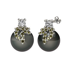 Afra İnci Küpe - Swarovski, peridot ve siyah inci 14 ayar beyaz altın küpe #invfia