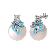 Afra İnci Küpe - Beyaz zirkon, akuamarin ve inci 8 ayar beyaz altın küpe #irlyll