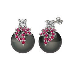 Swarovski, rodolit garnet ve siyah inci 925 ayar gümüş küpe