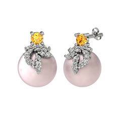 Afra İnci Küpe - Sitrin, swarovski ve pembe inci 14 ayar beyaz altın küpe #j5uy06