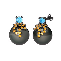 Afra İnci Küpe - Akuamarin, sitrin ve siyah inci 925 ayar siyah rodyum kaplama gümüş küpe #j898w7