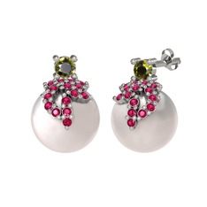 Peridot, rodolit garnet ve inci 8 ayar beyaz altın küpe