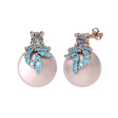 Afra İnci Küpe - Pırlanta, akuamarin ve pembe inci 18 ayar rose altın küpe (0.22 karat) #jlxidm