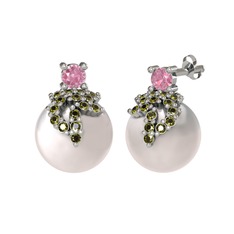 Afra İnci Küpe - Pembe kuvars, peridot ve inci 8 ayar beyaz altın küpe #jptl1h