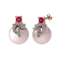 Rodolit garnet, pırlanta ve pembe inci 8 ayar rose altın küpe (0.352 karat)