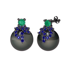 Afra İnci Küpe - Kök zümrüt, lab safir ve siyah inci 925 ayar siyah rodyum kaplama gümüş küpe #jw5sk6