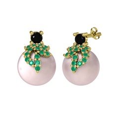 Afra İnci Küpe - Siyah zirkon, kök zümrüt ve pembe inci 14 ayar altın küpe #jzxsul