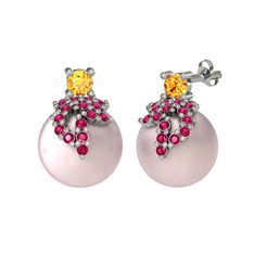 Afra İnci Küpe - Sitrin, rodolit garnet ve pembe inci 8 ayar beyaz altın küpe #k5j8q8