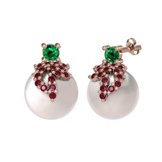 Afra İnci Küpe - Yeşil kuvars, kök yakut ve inci 14 ayar rose altın küpe #kaq7tl