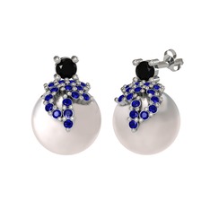 Afra İnci Küpe - Siyah zirkon, lab safir ve inci 18 ayar beyaz altın küpe #kc7gig