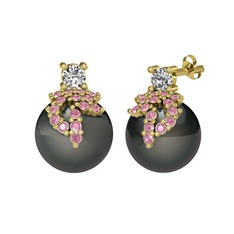 Afra İnci Küpe - Swarovski, pembe kuvars ve siyah inci 8 ayar altın küpe #kcil06