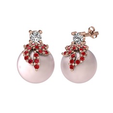 Afra İnci Küpe - Beyaz zirkon, garnet ve pembe inci 14 ayar rose altın küpe #kos3pr