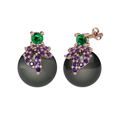 Afra İnci Küpe - Yeşil kuvars, ametist ve siyah inci 18 ayar rose altın küpe #l11gcc