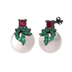 Afra İnci Küpe - Kök yakut, kök zümrüt ve inci 925 ayar siyah rodyum kaplama gümüş küpe #l3gr0x