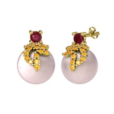 Afra İnci Küpe - Kök yakut, sitrin ve pembe inci 14 ayar altın küpe #lenuwx