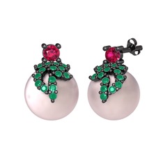 Afra İnci Küpe - Rodolit garnet, kök zümrüt ve pembe inci 925 ayar siyah rodyum kaplama gümüş küpe #lmitkw