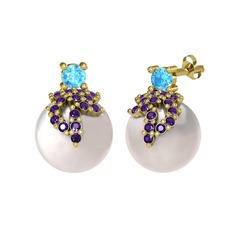 Afra İnci Küpe - Akuamarin, ametist ve inci 14 ayar altın küpe #lnmygs