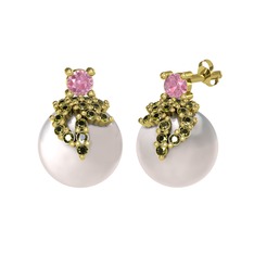 Afra İnci Küpe - Pembe kuvars, peridot ve inci 925 ayar altın kaplama gümüş küpe #lud7fy