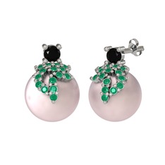 Afra İnci Küpe - Siyah zirkon, kök zümrüt ve pembe inci 18 ayar beyaz altın küpe #m22afo