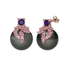Ametist, pembe kuvars ve siyah inci 925 ayar rose altın kaplama gümüş küpe